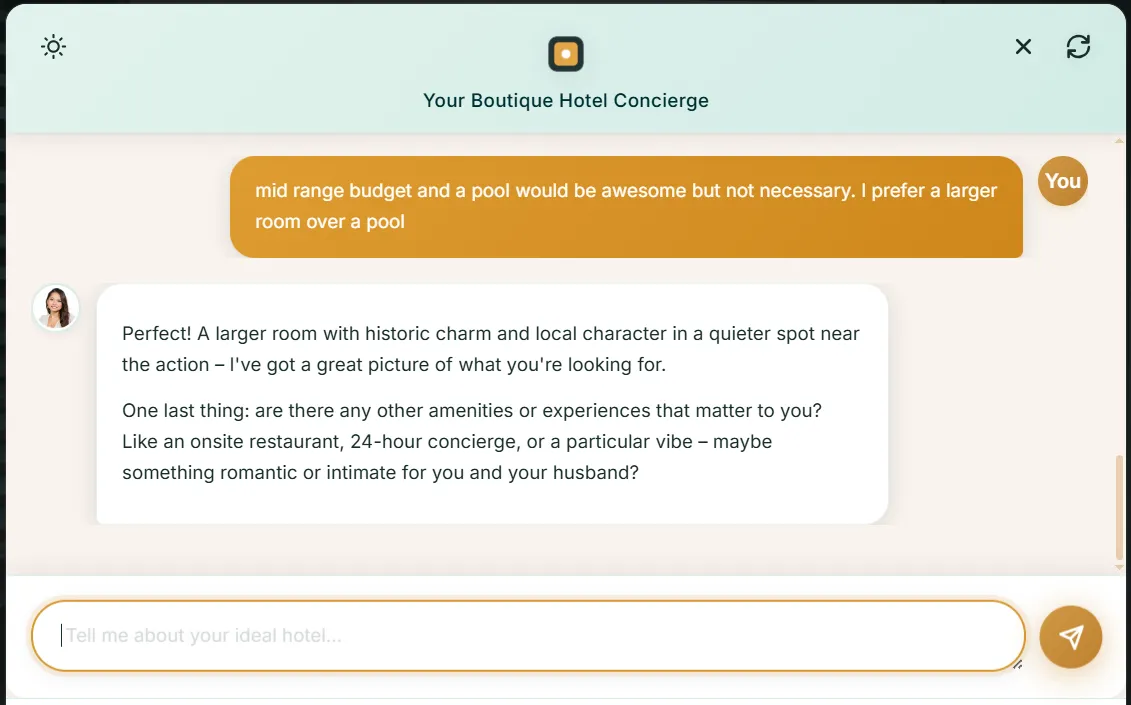 Inndira AI chat showing personalized hotel recommendations based on user preferences