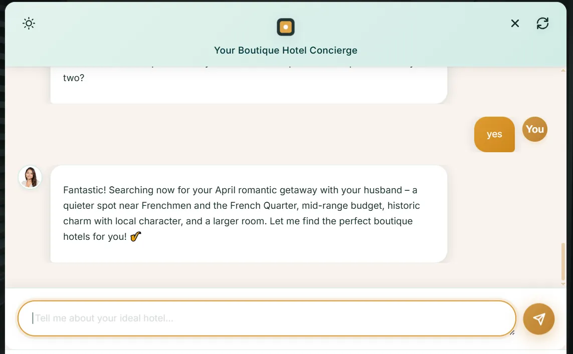 Inndira AI chat confirming user preferences and searching for boutique hotels