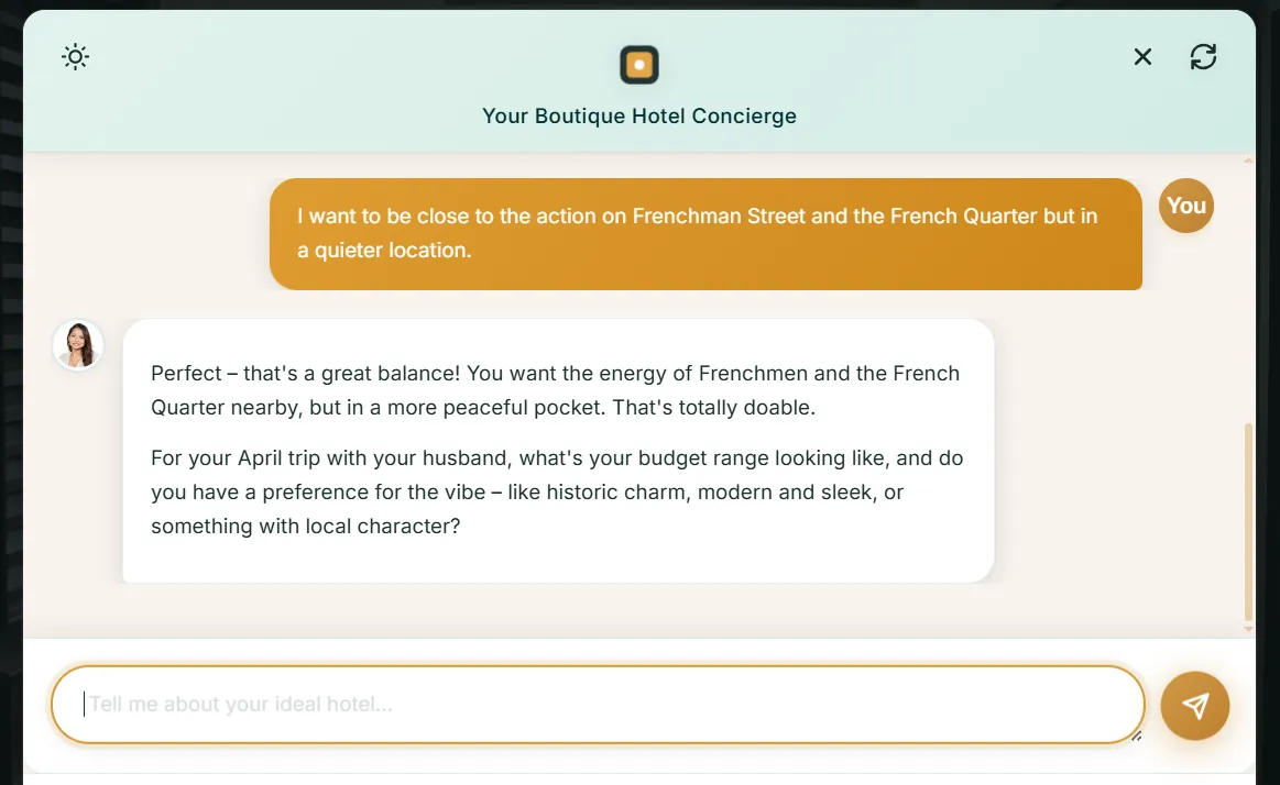 Inndira AI chat interface showing a conversation about boutique hotel preferences in New Orleans