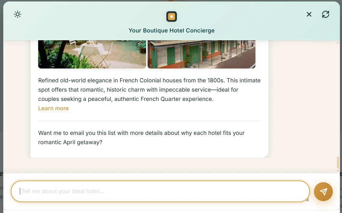 Inndira AI chat showing final hotel recommendations with option to email detailed list