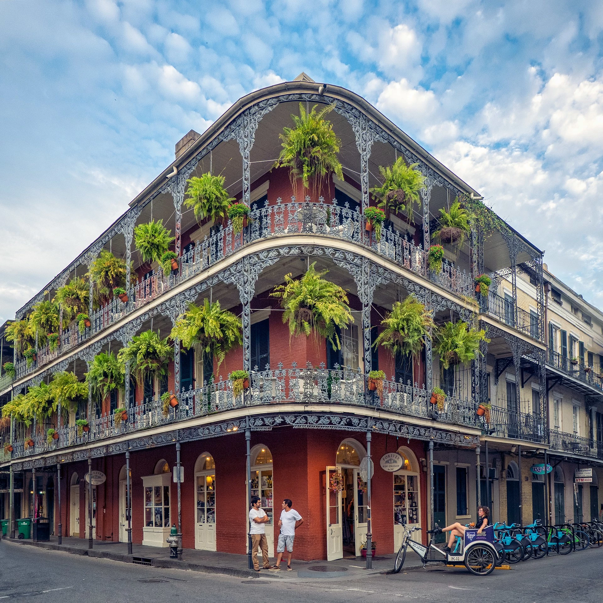Historic New Orleans building with iconic ironwork balconies